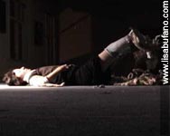 Lisa Bufano, a below the knee leg amputee, wearing cloth root sculpture attached to her legs